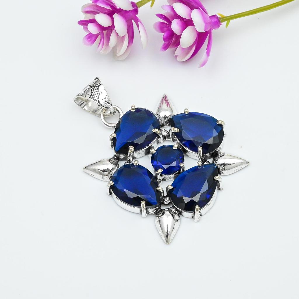 Blue Sapphire Pendant, Handmade Gemstone Pendant, 925 Solid Sterling Silver Pendant Antique Jewelry, For Engagement Gift