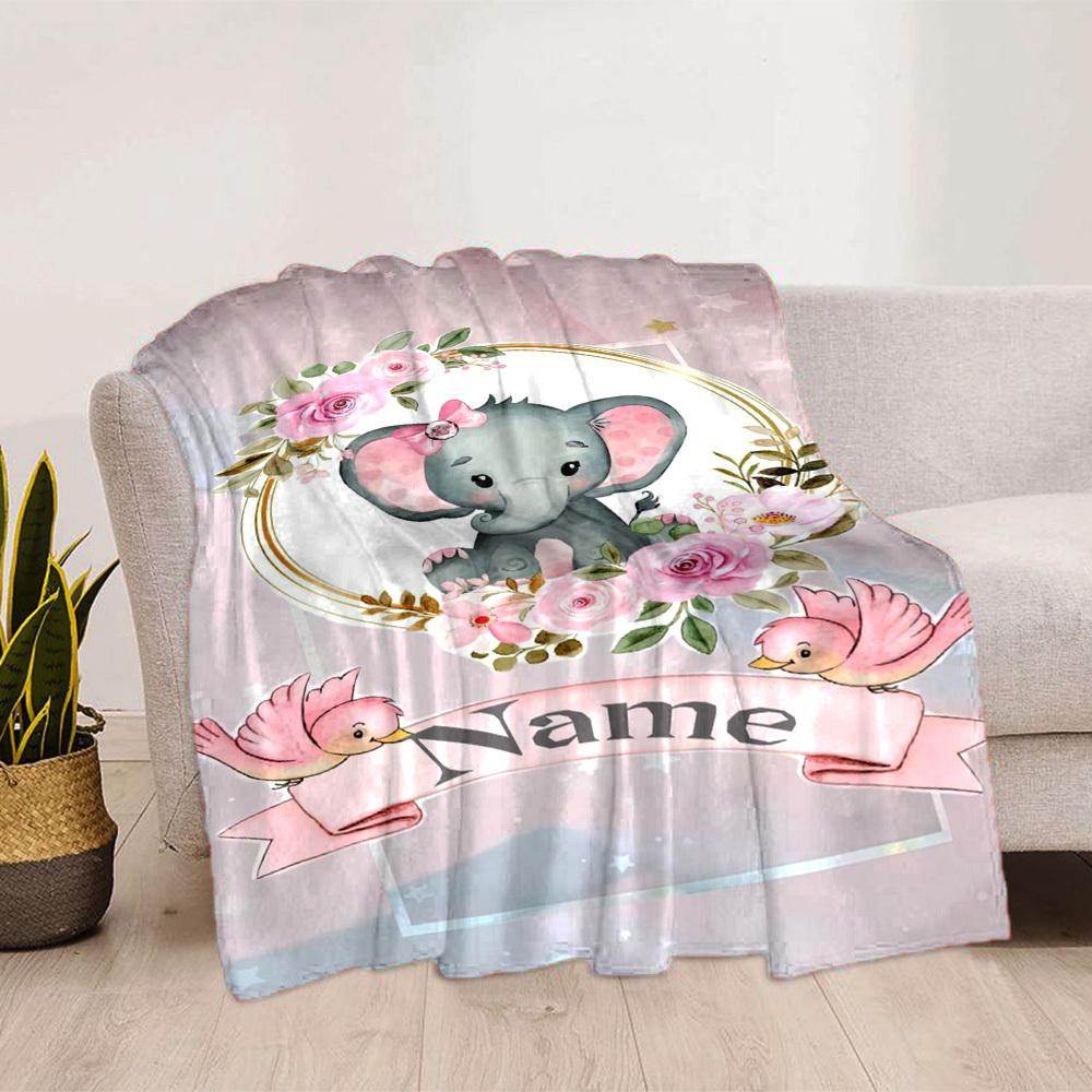 Elephant With Pink Flowers Home Customize Your Name Blankets Comfortable Soft Lightweight Allseason Multipurpose Blanket For Picnics Sofas Offices