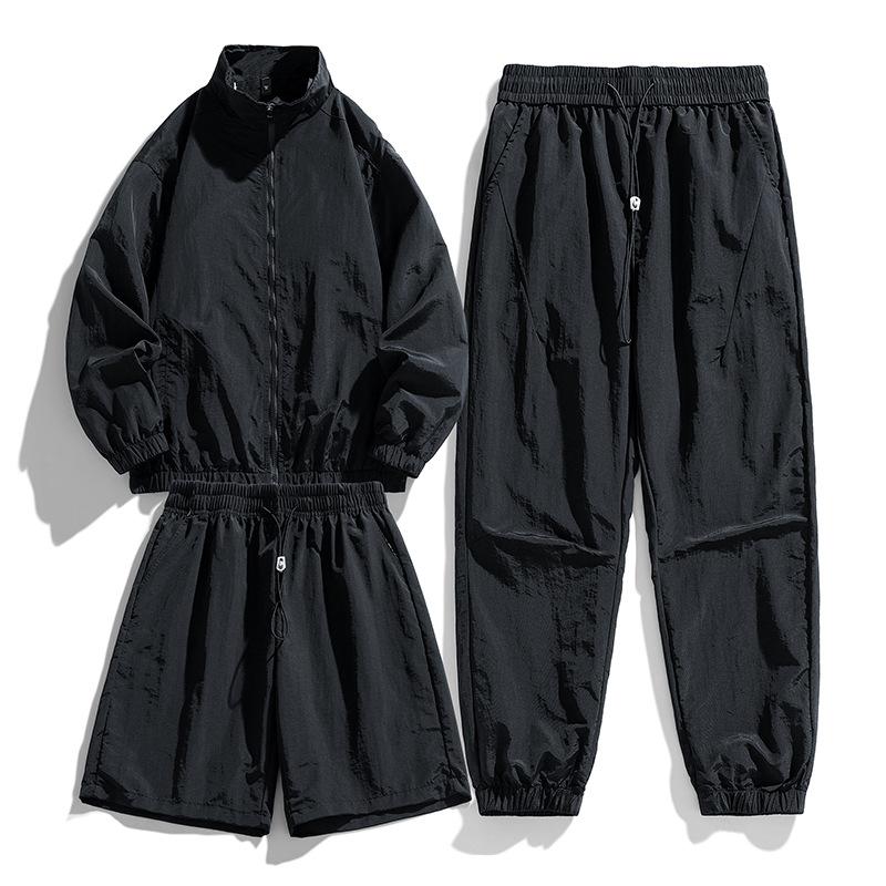 Men's Casual Ice Silk Tracksuit Jacket Shorts And Trousers 3pcs Suit Running Fitness Jacket Suit Male Sportswear Set