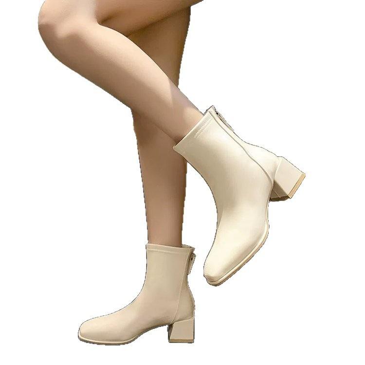 Retro Thick Heel Square Head Short Boots Women's Autumn and Winter British Style Chelsea Boots Slim Velvet Martin Boots Slim Boots