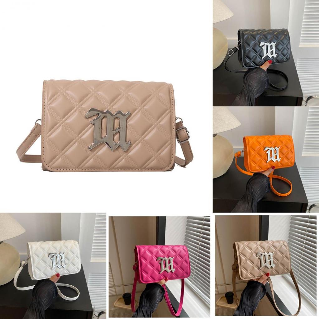 Pu Small Square Crossbody Bag With Silver Letter Decorated Checkered Texture For Daily Casual Women