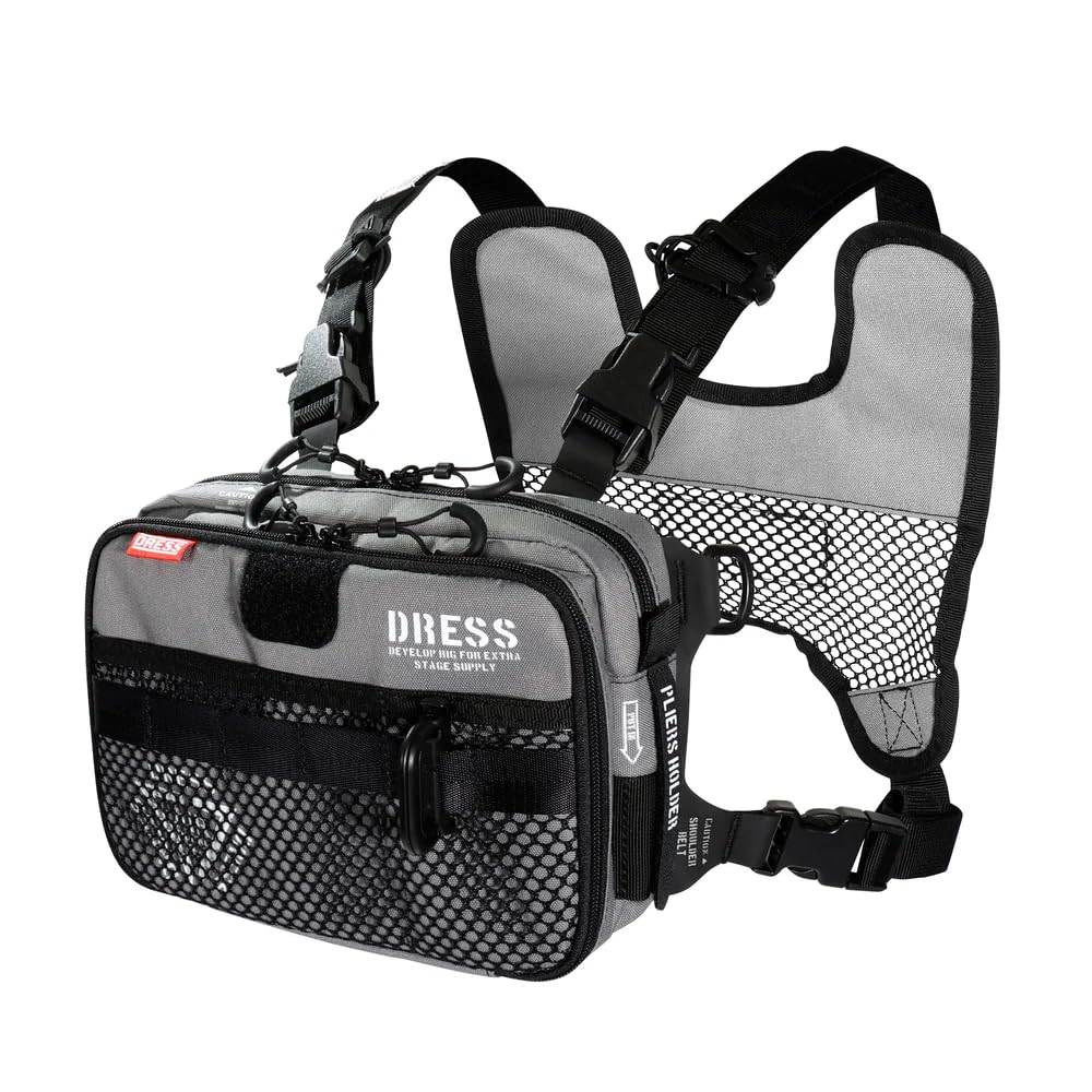 DRESS Tactical Chest Bag, Gray, Fishing Bag, Backpack, Light Game Fishing, Ajing, Eging, Rod Holder, Pliers Holder, Large Capacity