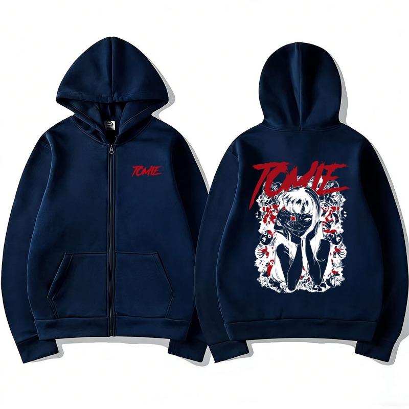 Japanischer Anime Tomie Junji Ito Reißverschluss Hoodie Herren Damen Vintage Manga Horror Zip Up Jacke Unisex Freizeit Fleece Zip Up Sweatshirt