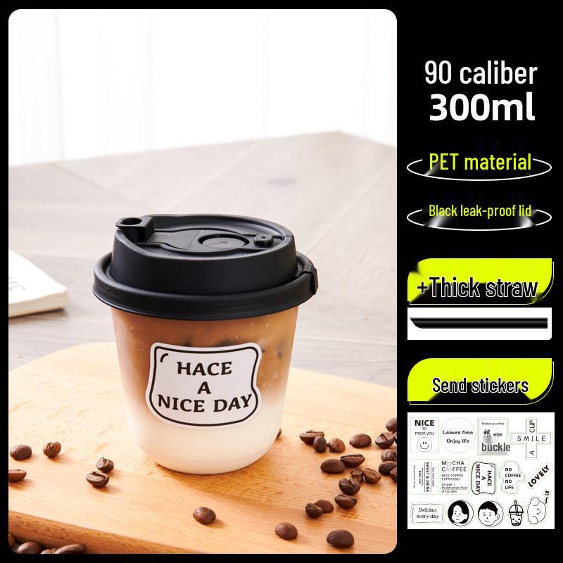 Transparent Disposable Coffee Cup with Lid, 90 Caliber, American Style for Cold Drinks, Milk Tea, Chubby Takeaway Cup