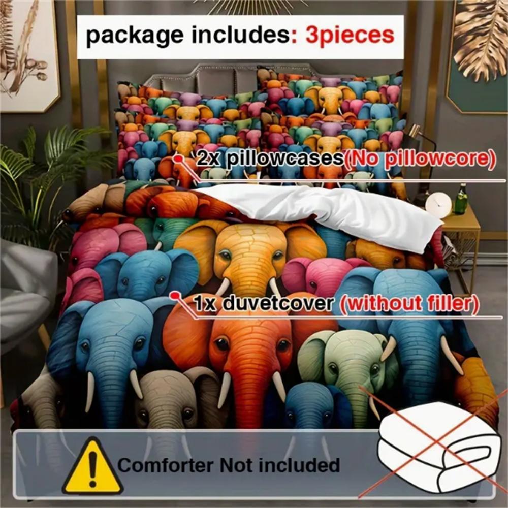 Colorful Elephant Print 3pcs Duvet Cover Set - Soft, Breathable & Comfortable Bedding for All Seasons, Includes 1 Duvet Cover