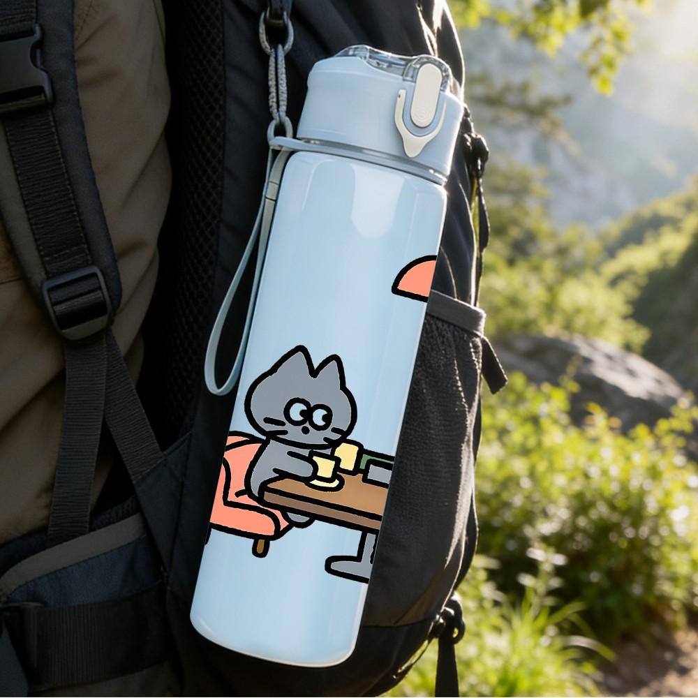 1PC Cat Dining Table Cartoon Print 750ml Color Plastic Sports Water Bottle Leakproof Flip Straw Lid Suitable for Sports Office Home Use