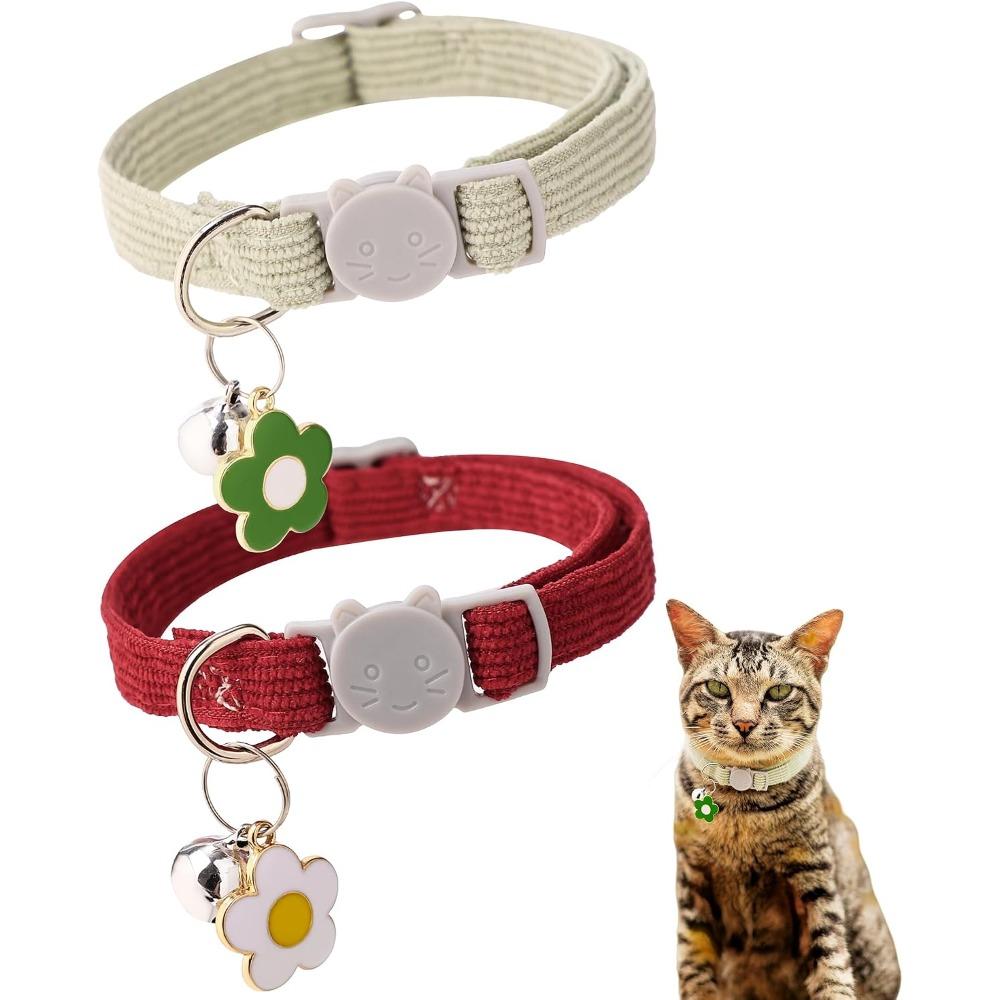 Lovely Corduroy Cat Dog Collar with Bell Flower Adjustable Breakaway Safety Buckle Pet Necklace for Small Medium Dogs Kittens