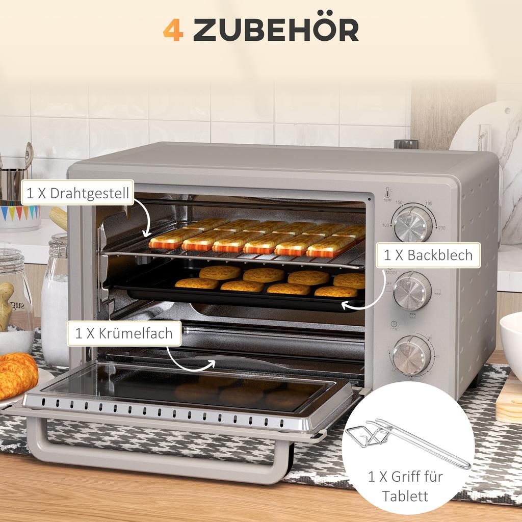Mini Oven, 21 L Toaster Oven with 1 Wire Rack and 1 Baking Tray, 3 Cooking Modes, 100 Degrees C-230 Degrees C, Stainless Steel, Glass, Silver