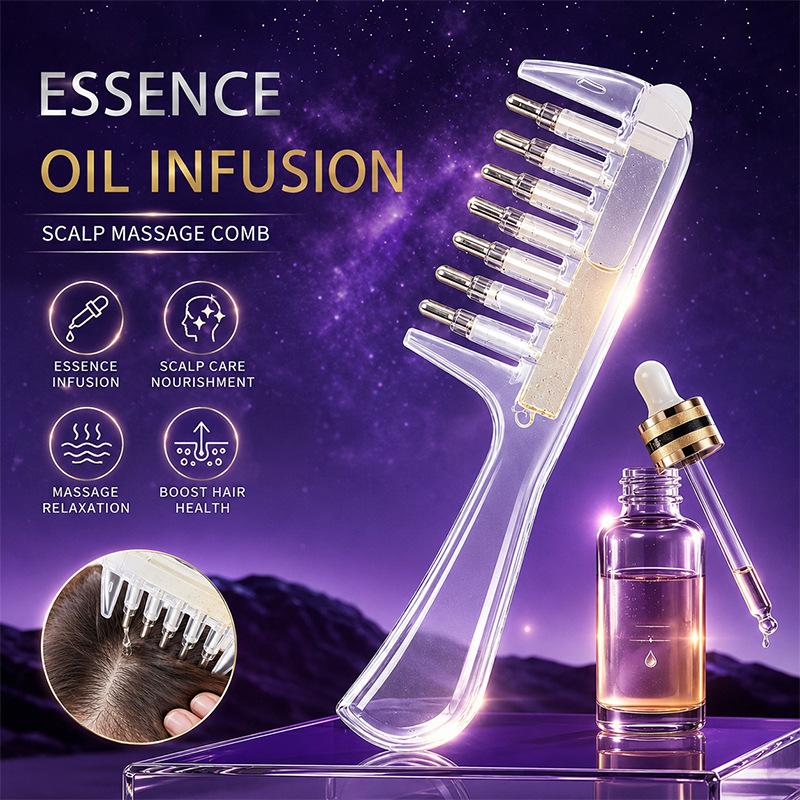 Unisex Transparent Essential Oil Applicator Massage Comb With Built-In Liquid Reservoir, Rolling Metal Teeth, Suitable For Women