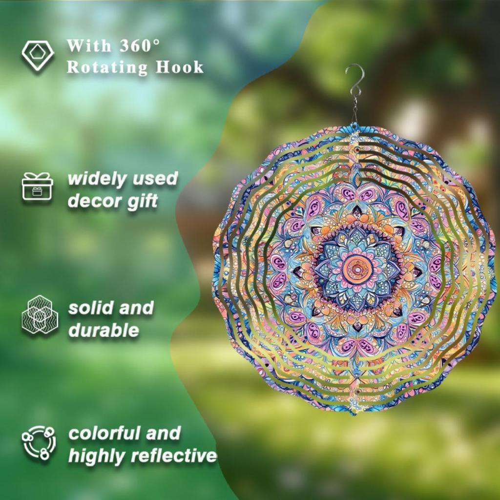 3D Mandala Flower Wind Chime Vibrant Metal Kinetic Hanging Sculpture Colorful Petal Design for Indoor Outdoor Garden Decor Room Decoration
