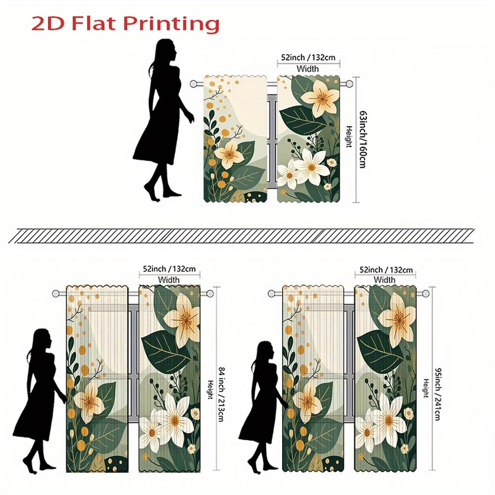 2pcs Floral Green Leaves Light Beige Curtains - 2D Flat Printing   Rod Pocket Design   Semi-Transparent Polyester Fabric   Machine