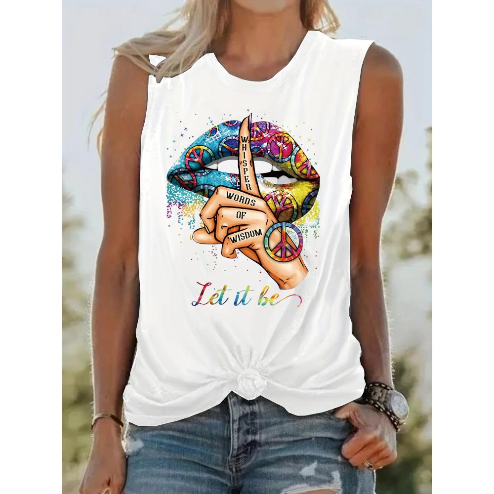 

Футболка без рукавов с круглым вырезом и принтом губ, подходит для летних женщин 4XL