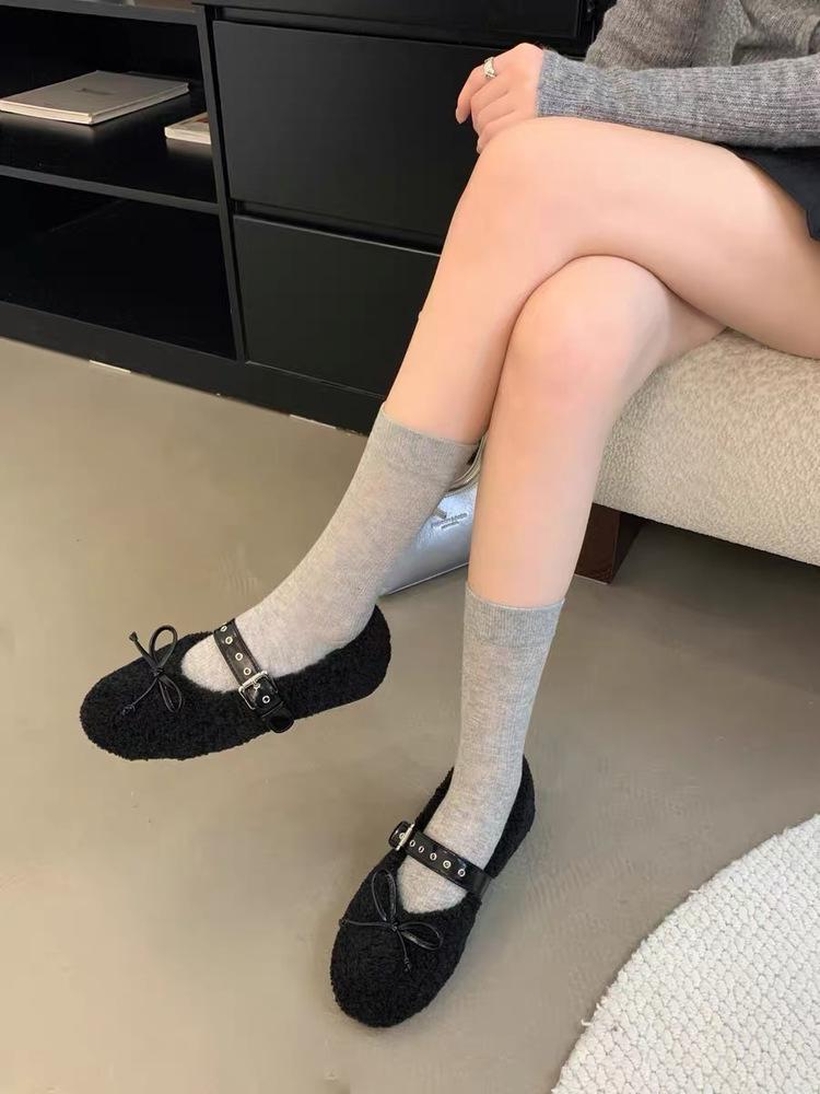 2025 autumn and winter new bow flat Mary Jane lamb wool single shoes women's ballet shoes wool shoes women's shoes