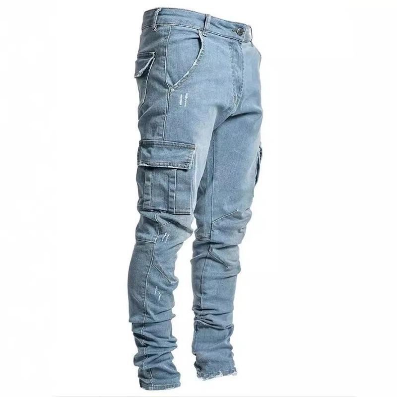 MILU Heren Street Elastische Denim Jeans Wassing Effen Kleur Meerdere Zakken Cargobroek Casual Slim Fit Dagelijks Gebruik Joggers Middelhoge Taille Broek XL lichtblauwe kleur