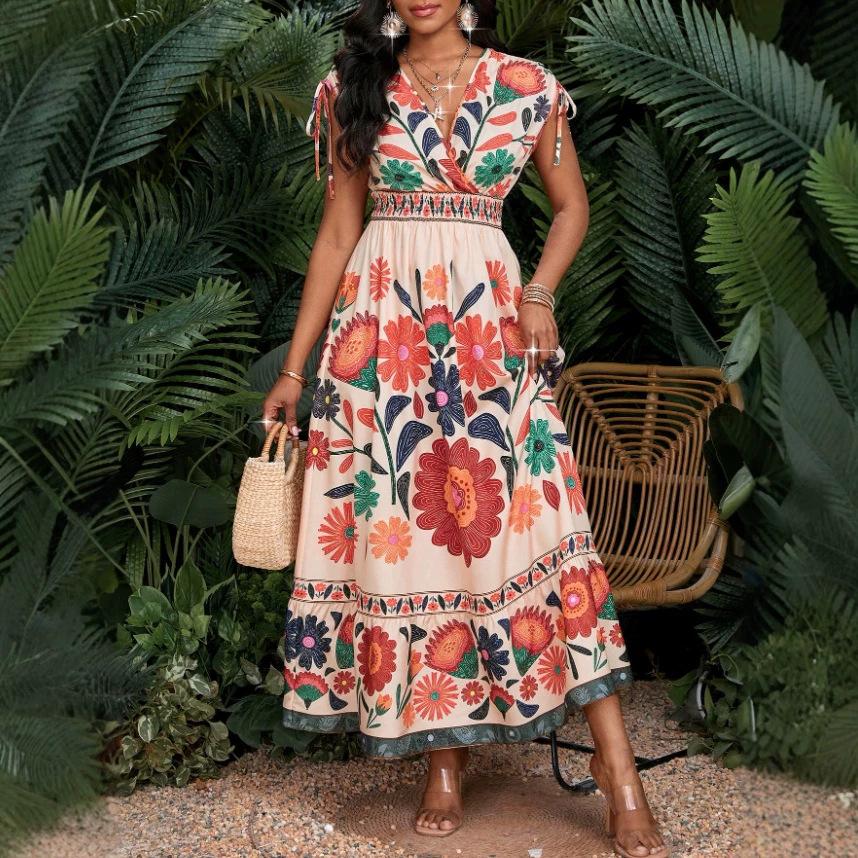 Women Floral Print Maxi Dress V Neck Short Sleeve Boho Summer Dress S