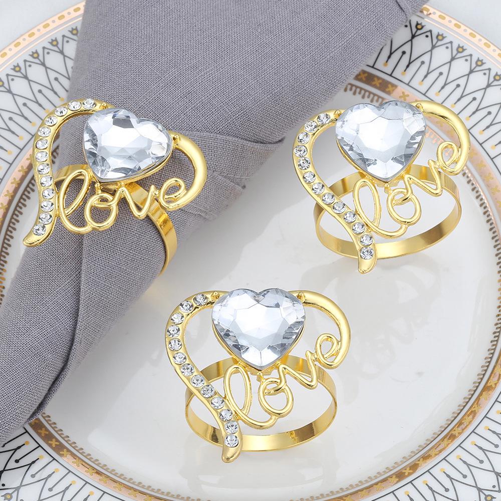 12pcs/lot Valentine's Day Love Napkin Ring Diamond-encrusted Alloy Napkin Button Tissue Button Hotel Wedding Mouth Cloth Ring