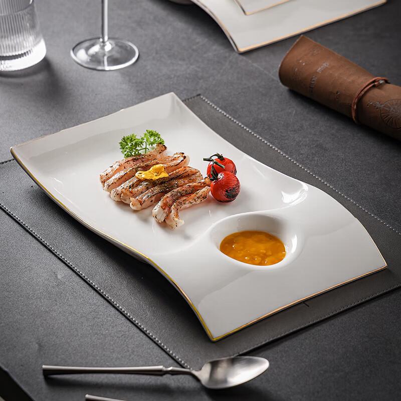 16-inch Rectangular Gold-Rim Ceramic Dumpling Plate with Vinegar Dish