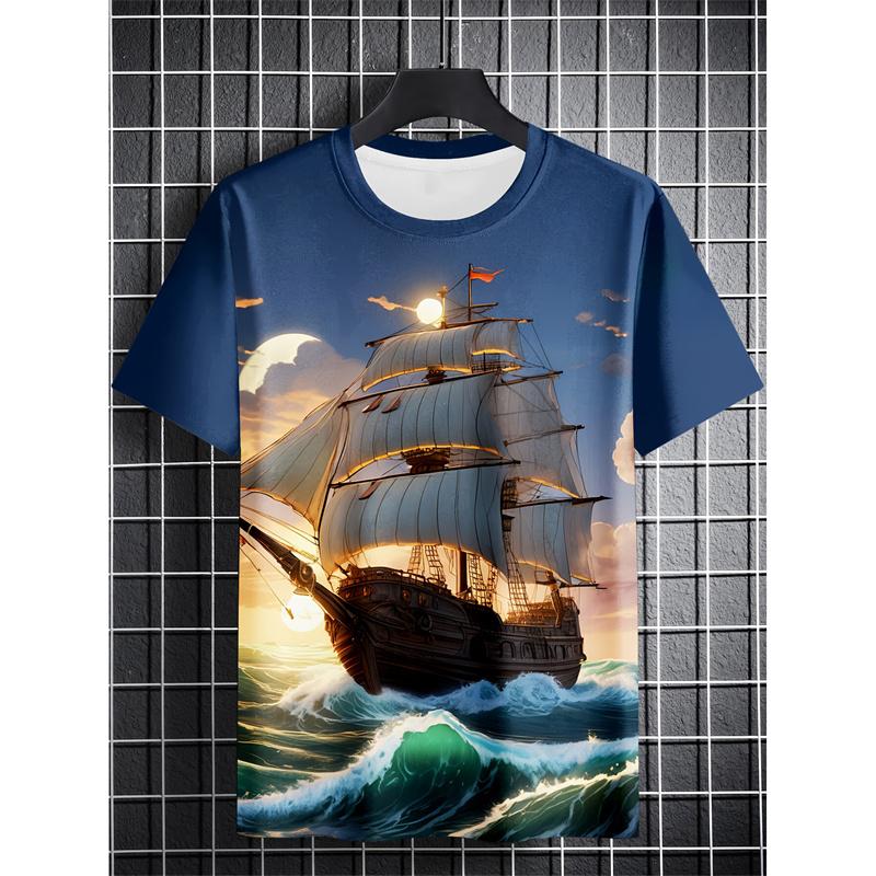 Seaside Lighthouse Sailboat 3D Print T-Shirts Streetwear Men FashionOversized O-Neck Short Sleeved T Shirt Tees Tops Clothing