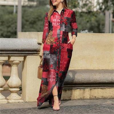 Women's Casual Floral Mid Length Button Up Dress Party Dress Long Shirt Dresses