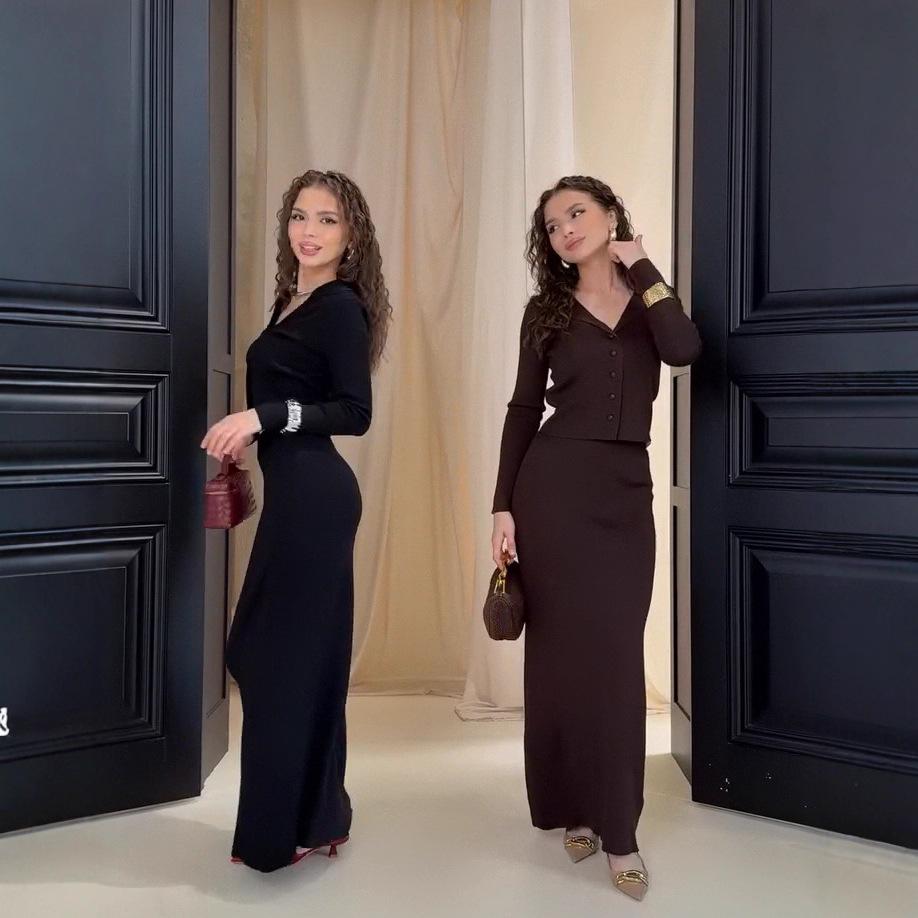 2025 Fall V-Neck Long-Sleeve Sweater & Slim Fit Knit Skirt Set for Women