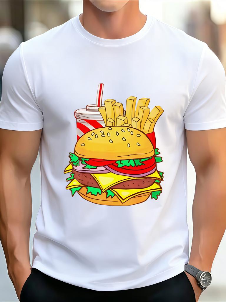 Burger Fries Drink Fast Food Cartoon Print Unisexs Crew Neck Short Sleeve Casual Basic Summer Daily Soft Comfort Fit Wear Tee Shirt