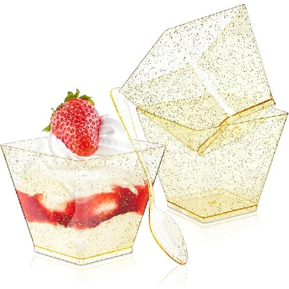 Qeirudu 3.5 oz Mini Gold Glitter Dessert Cups with Spoons - 50 Pack Gold Plastic Dessert Cups Small Parfait Shooter Cups for Party Appetizers Banana 3.5 oz