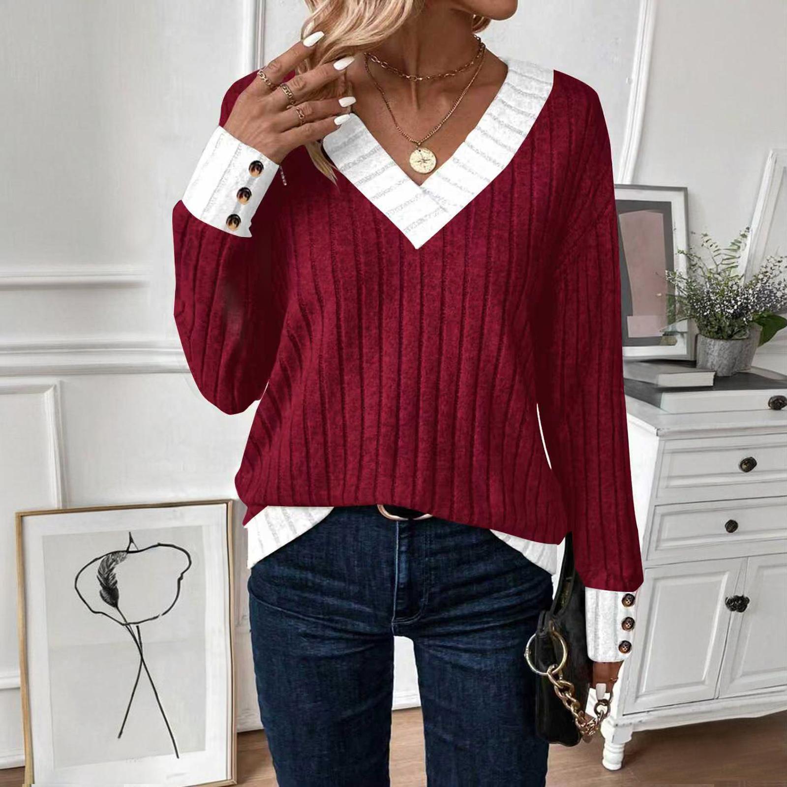 

Women s V Neck Sweaters Casual Long Sleeve Pullover Knit Tops Loose Basic Clothing XL червоний