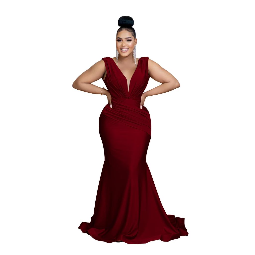 Mote Damekjole Ensfarget V-hals Ermeløs Plissert Lange Kjoler