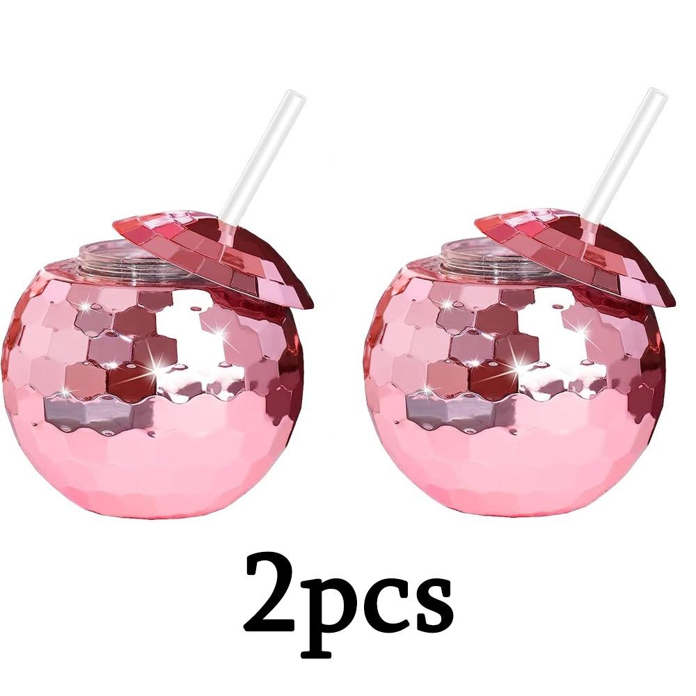 2pcs Pink Disco Ball Cups Disco Party Cups with Lid and Reusable Straw Flash Ball Cocktail Cup for Party Nightclub Bar Supplies розовый