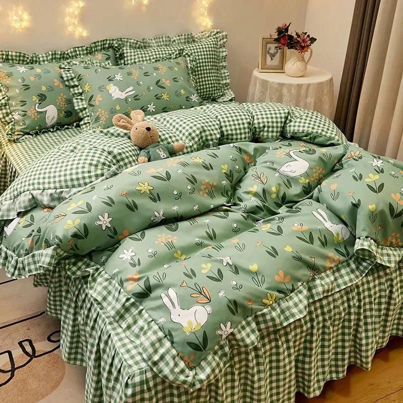 4pcs/set Princess Style Bedding Korean Cute Bed Skirt Thickened Skin-friendly Comfortable Duvet Cover Bed Sheet and Pillowcases Set