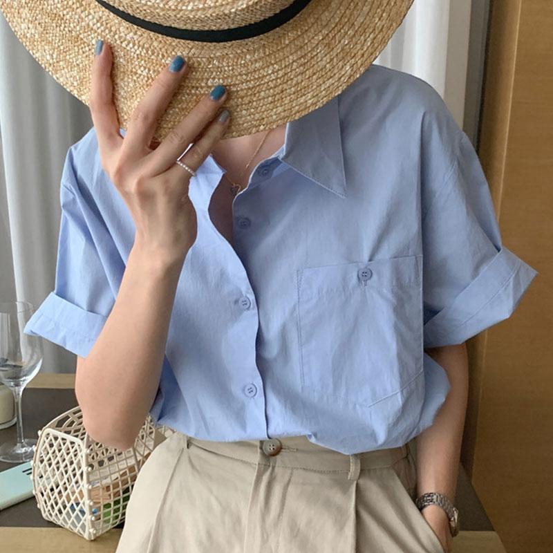 Cămașă de damă coreeană albastră lăptoasă, cu mânecă scurtă, largă, cu guler și design cu buzunar