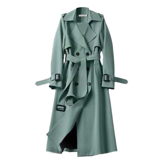 Fall Winter Women Trench Coat Turn-down Collar Solid Color Double-breasted with Belt Mid Length Loose Thermal Long Sleeved Commuting Dating