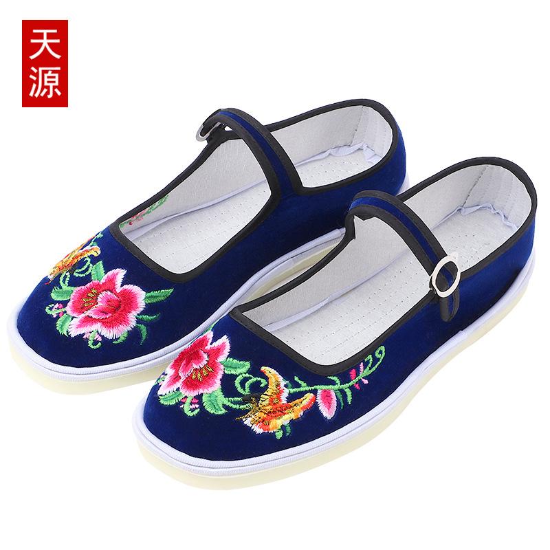 Cow tendon sole old Beijing embroidered cloth shoes handmade online one-word belt women's retro embroidery ethnic style flat bottom
