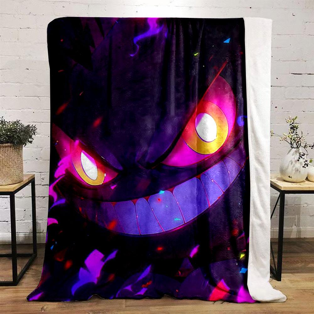 Glowing purple and orange face with sharp teeth and fiery accents. for all seasons blanket lunch break throw gift