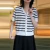 Contrast Color Striped V-neck Knit Cardigan for Women Summer  New V-neck T-shirt Short-sleeved Stylish Top