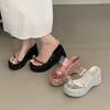 Eilyken Designer Crystal Sequin Cloth Platform Wedge Slippers Women Street Style Clip Toe High Heels Banquet Summer Shoes