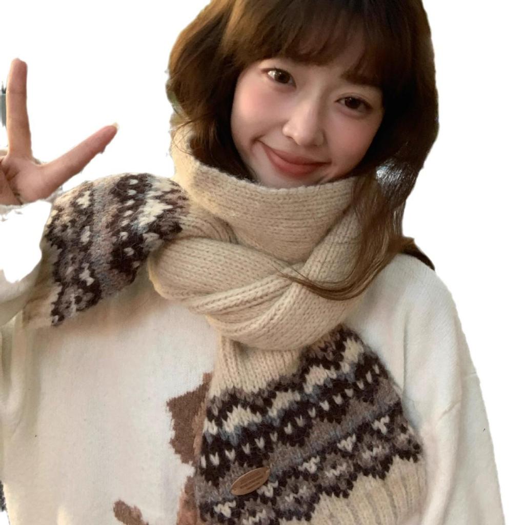 Fair Isle Damen Roter Wollschal - Koreanischer Stil Winter 2024 Halswärmer