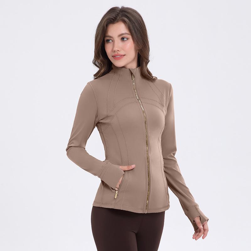 Nová edice Dámská nylon-spandexová jógová bunda se stojáčkem - Oboustranně broušený sportovní top na zip