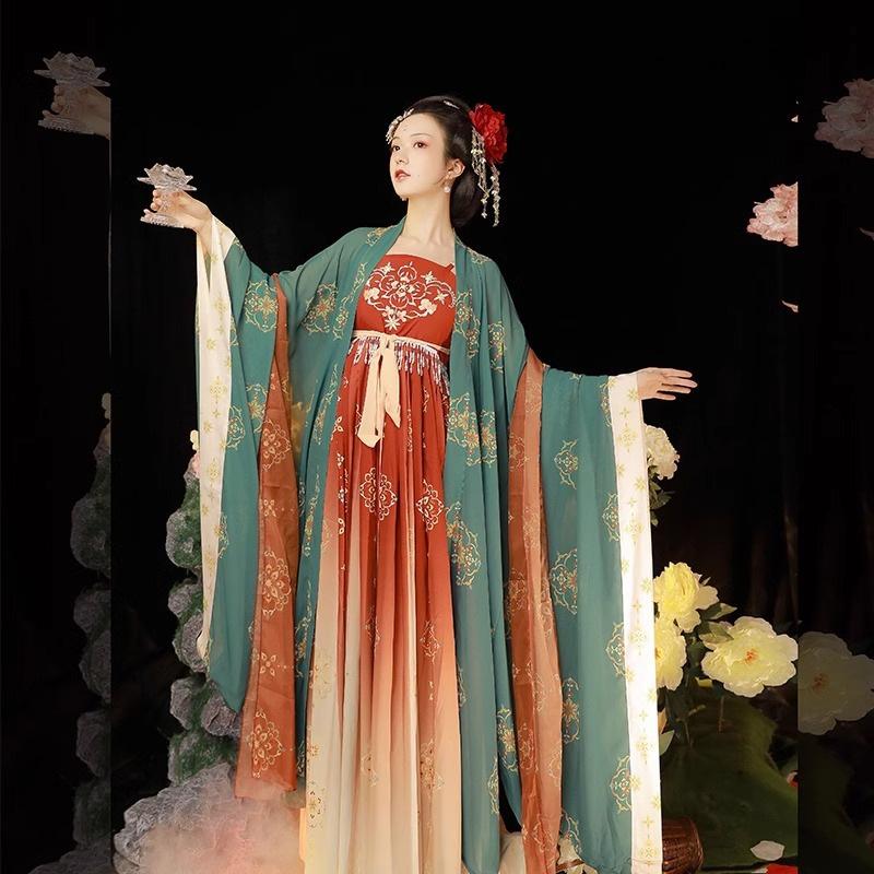 Hanfu Donna Nuovo Dinastia Tang Primavera Autunno Estate Gonna Ricamata Camicia a Manica Larga Abito Antico
