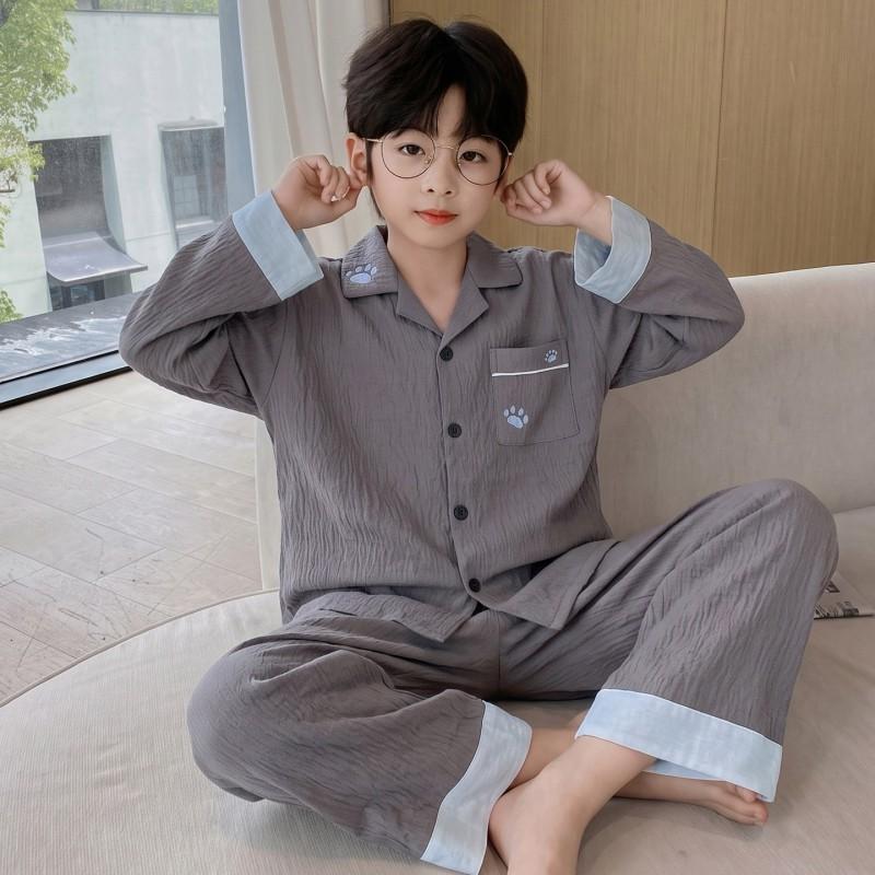 Boys Cotton Pajama Set Long Sleeve Hoodie Sleepwear Kids Teens 2026 Soft Cloud Home Wear