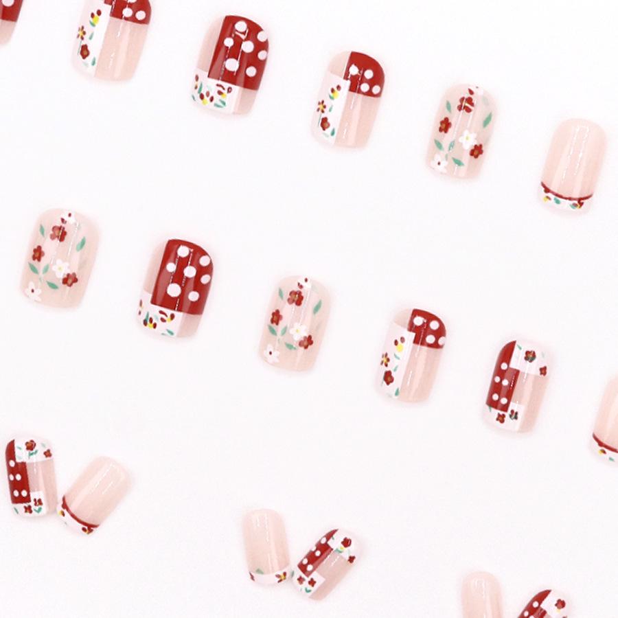 Französische Retro Blumen & Rote Polka Dots Aufhellende Nagelsticker – 24 Süße Nischenstücke