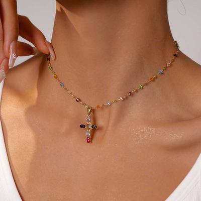 Y2K Colorful Zircon Cross Pendant Necklace for Women Fashion Candy Color Beads Crystal Chain Necklace Luxury Wedding Jewelry