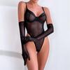 Aduloty Women Sexy Lingerie Erotic Bodysuit Perspective Minimalist Basic Slim Fit Hip Lifting Glove Matching Underwear Set