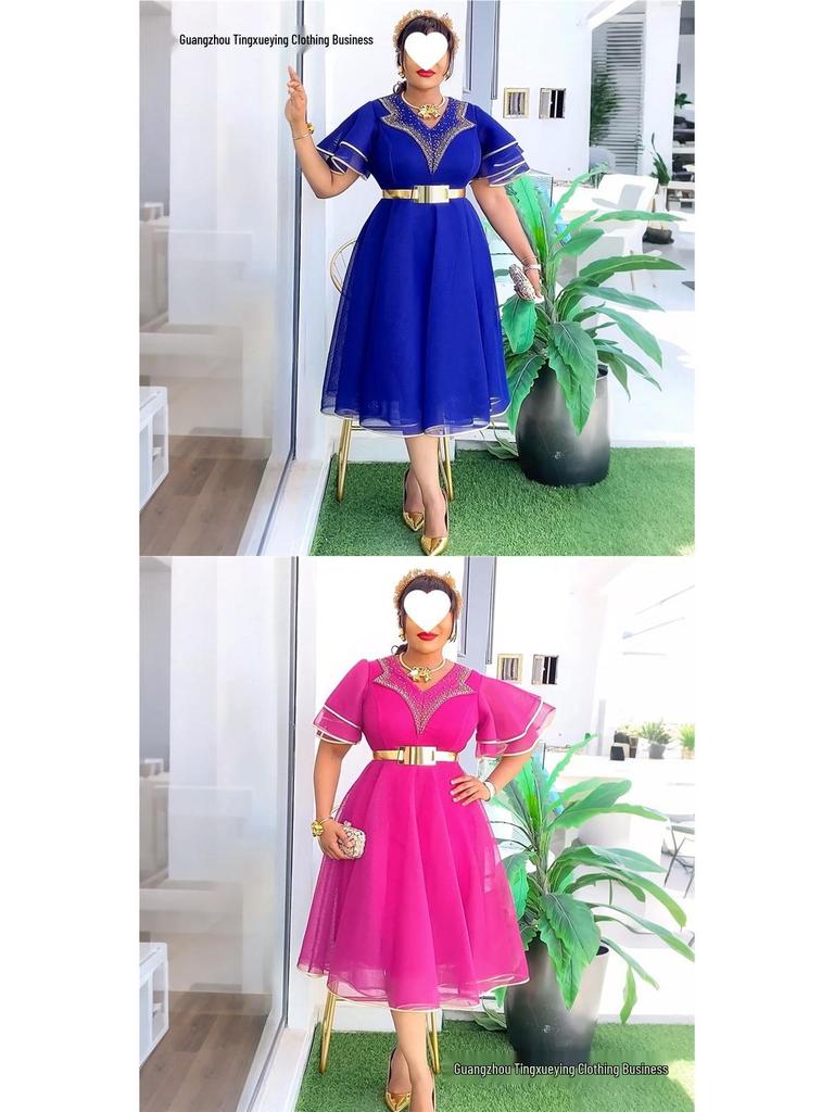 Plus Size V-neck African Women’s Bodycon Dress with Beaded Belt