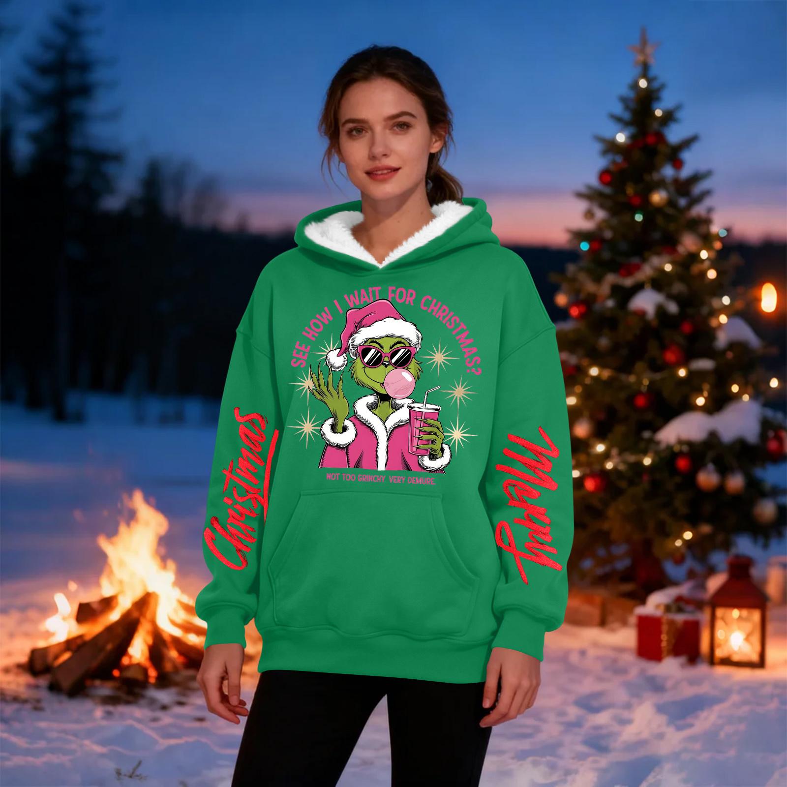 

Женская повседневная модная толстовка с капюшоном большого размера, утепленная флисом, с рождественским принтом L