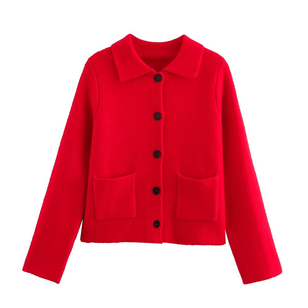 

Spring 2025 Women s Slim Lapel Long-Sleeve Knitted Cardigan Small красный