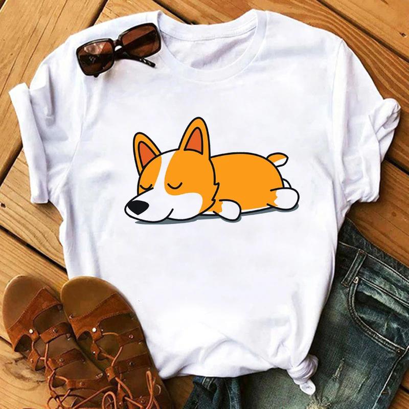 Maycaur Funny Cute Corgi Dog Printed TShirt Harajuku 90s Kawaii Women Short Sleeves T Shirts Tops Graphic Tees Female Tshirt