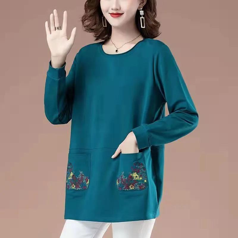 

Весна Осень Женская футболка с длинным рукавом Свободный топ с вышивкой для мамы Женский S зелёный