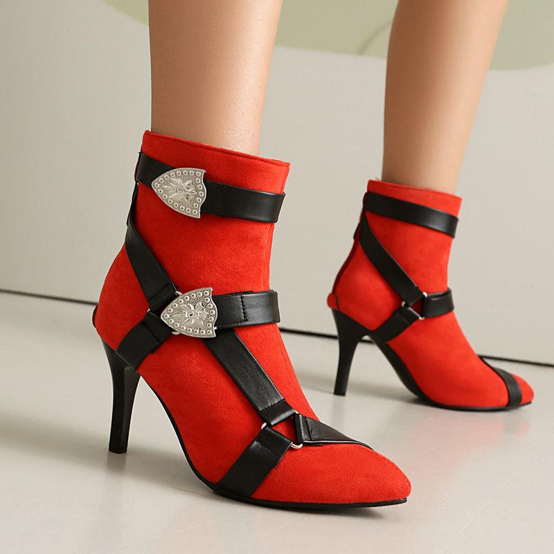 short boots round head thin heel high heel belt buckle metal trim and ankle boots and ankle boots high heel short boots
