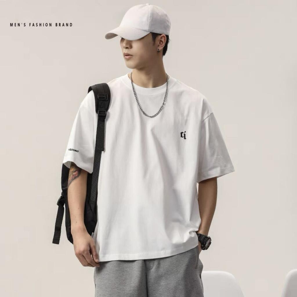 Loose men's short-sleeved T-shirt Japanese fashion simple embroidery short-sleeved top cotton comfortable lightweight